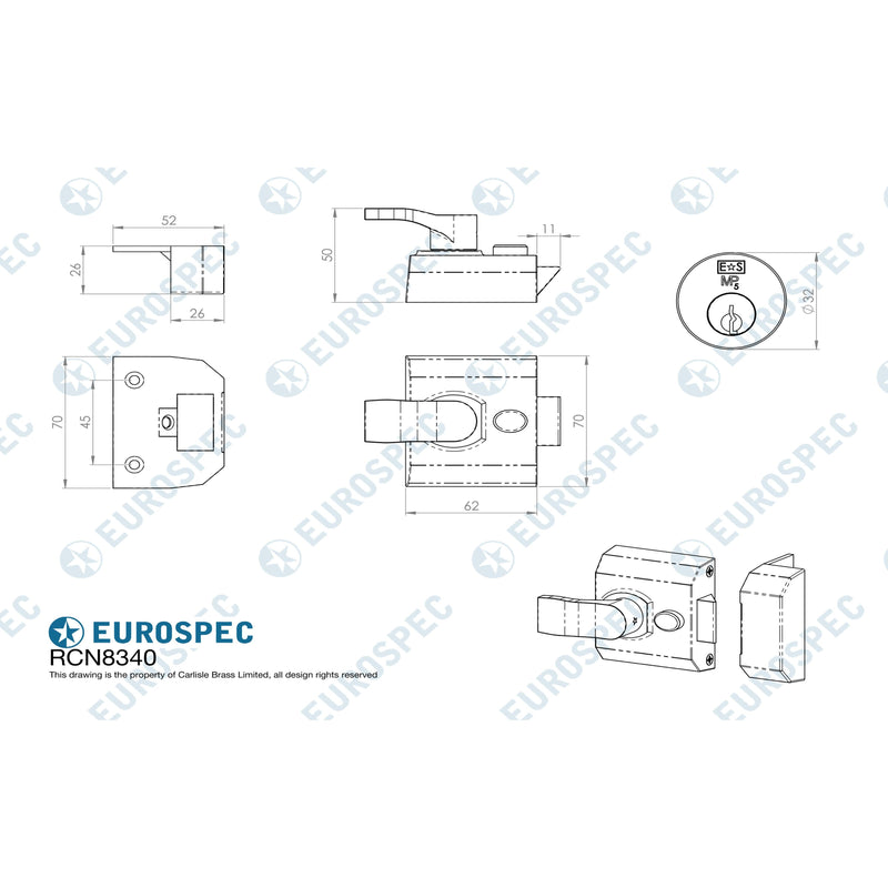 Eurospec - Deadlocking Rim Cylinder Nightlatch 40mm - Electro Brassed - RCN8340EB - Choice Handles