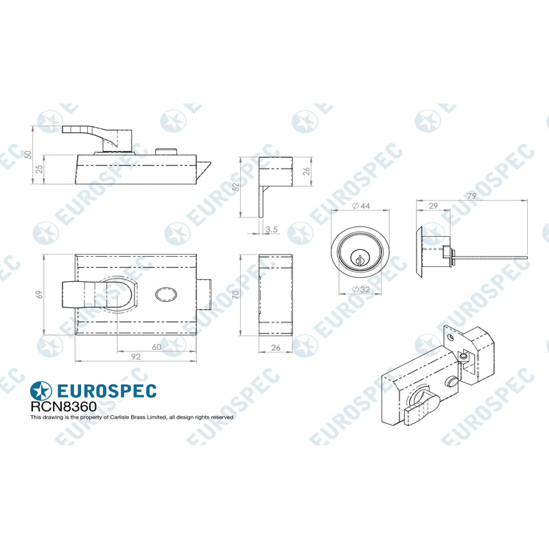 Eurospec - Deadlocking Rim Cylinder Nightlatch 60mm - Satin Chrome - RCN8360SC - Choice Handles