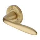 Heritage Brass Door Handle Lever Latch on Round Rose Sutton Reeded Design Satin Brass finish
UK Registered Design Number 6204750 - RR1752-SB - Choice Handles