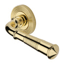 Heritage Brass Door Handle Lever Latch on Round Rose Bridgetown Reeded Design Polished Brass finish
UK Registered Design Number 6226297 - RR1935-PB - Choice Handles