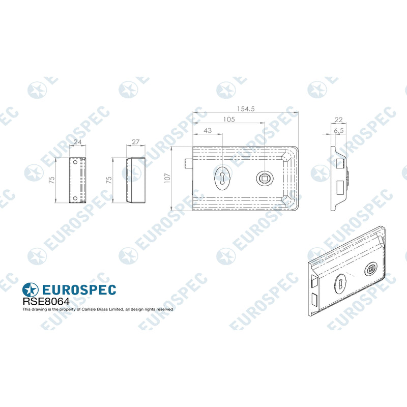 Eurospec - Traditional Rim Deadlock 150mm x 100mm - Satin Chrome - RSE8064SC - Choice Handles