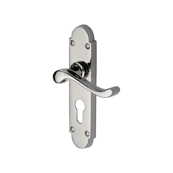 Heritage Brass Door Handle for Euro Profile Plate Savoy Design Polished Nickel finish - S607.48-PNF - Choice Handles