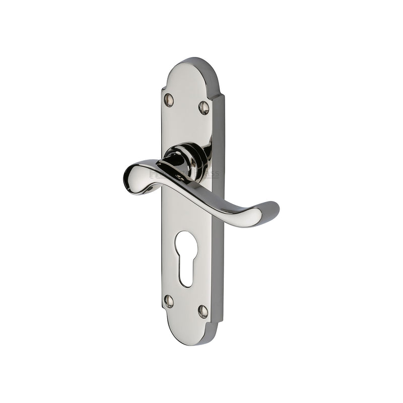 Heritage Brass Door Handle for Euro Profile Plate Savoy Design Polished Nickel finish - S607.48-PNF - Choice Handles