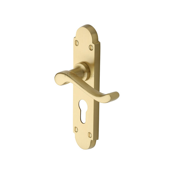 Heritage Brass Door Handle for Euro Profile Plate Savoy Design Satin Brass finish - S607.48-SB - Choice Handles