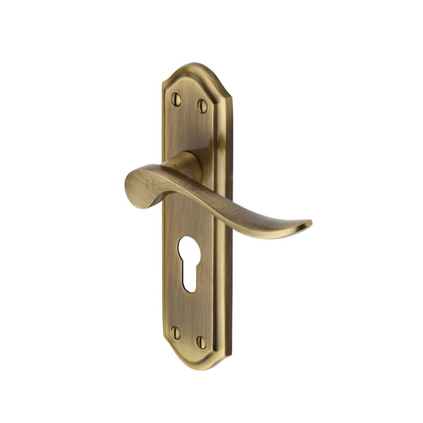Heritage Brass Door Handle for Euro Profile Plate Sandown Design Antique finish - SAN1448-AT - Choice Handles