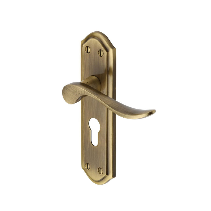 Heritage Brass Door Handle for Euro Profile Plate Sandown Design Antique finish - SAN1448-AT - Choice Handles