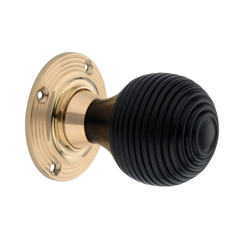 Spira Brass - Ebony Beehive Rim/Mortice Door Knob  - Polished Brass - SB2115PB - Choice Handles