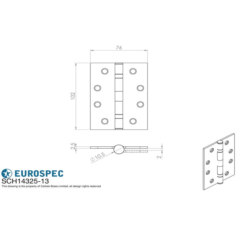 Eurospec - 102 X 76 X 2.5mm Slim Knuckle Ball Bearing Hinge Grade 13 C/W Screws (Pair) - Bright Stainless Steel - SCH14325/13BSS