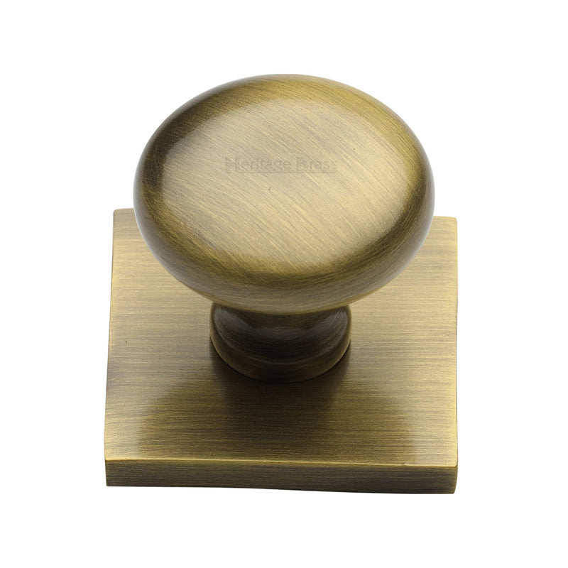Heritage Brass Cabinet Knob Victorian Round Design with Square Backplate 32mm Antique Brass finish - SQ113-AT - Choice Handles