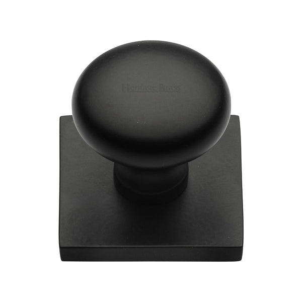 Heritage Brass Cabinet Knob Victorian Round Design with Square Backplate 32mm Matt Black finish - SQ113-BKMT - Choice Handles