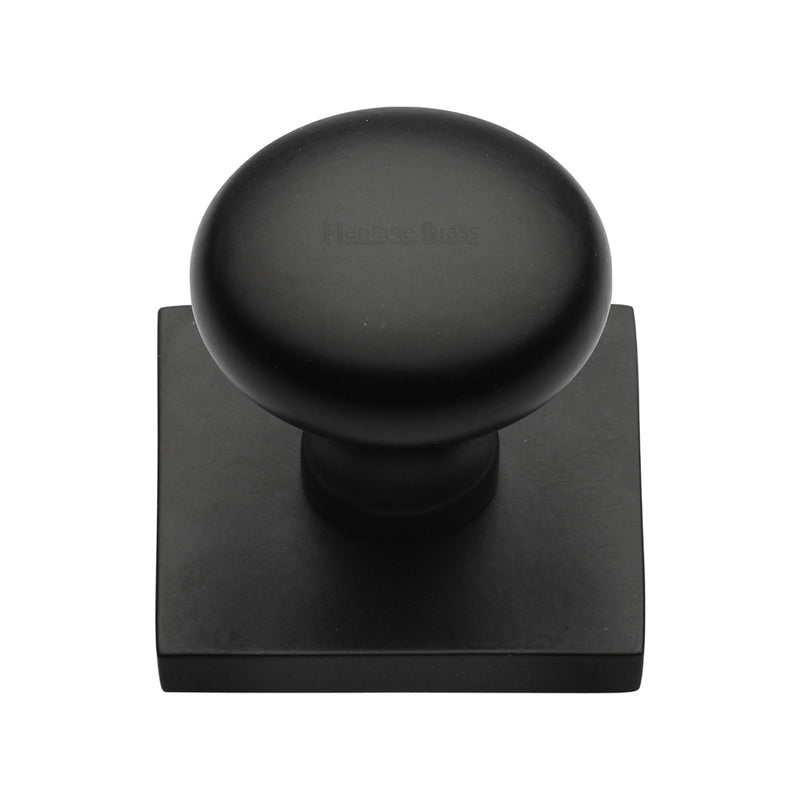 Heritage Brass Cabinet Knob Victorian Round Design with Square Backplate 32mm Matt Black finish - SQ113-BKMT - Choice Handles