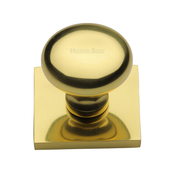 Heritage Brass Cabinet Knob Victorian Round Design with Square Backplate 32mm Polished Brass finish - SQ113-PB - Choice Handles