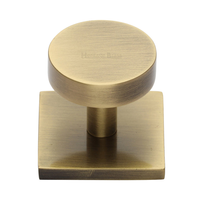Heritage Brass Cabinet Knob Disc Design with Square Backplate 32mm Antique Brass finish - SQ3880-AT - Choice Handles