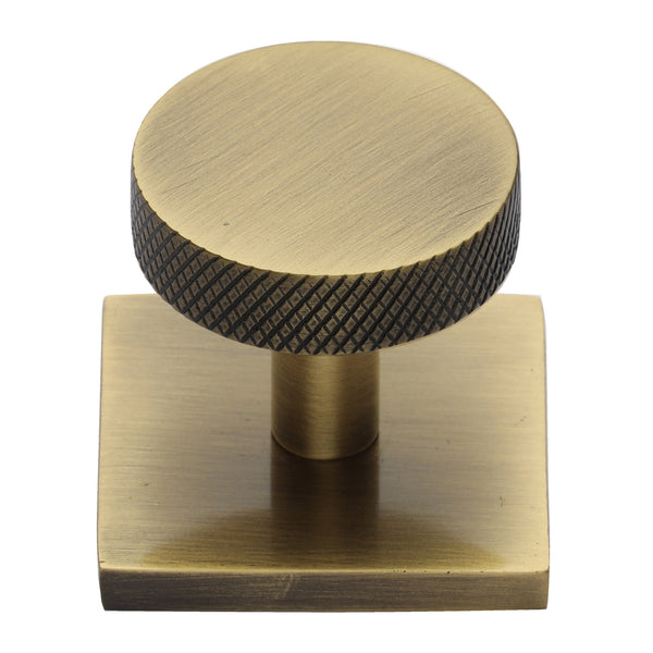 Heritage Brass Cabinet Knob Disc Knurled Design with Square Backplate 32mm Antique Brass finish - SQ3884-AT - Choice Handles