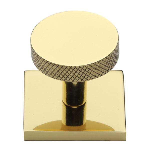 Heritage Brass Cabinet Knob Disc Knurled Design with Square Backplate 32mm Polished Brass finish - SQ3884-PB - Choice Handles