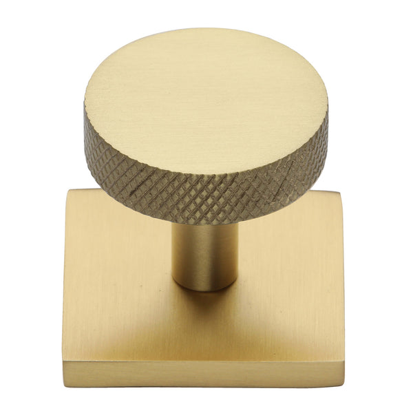 Heritage Brass Cabinet Knob Disc Knurled Design with Square Backplate 32mm Satin Brass finish - SQ3884-SB - Choice Handles