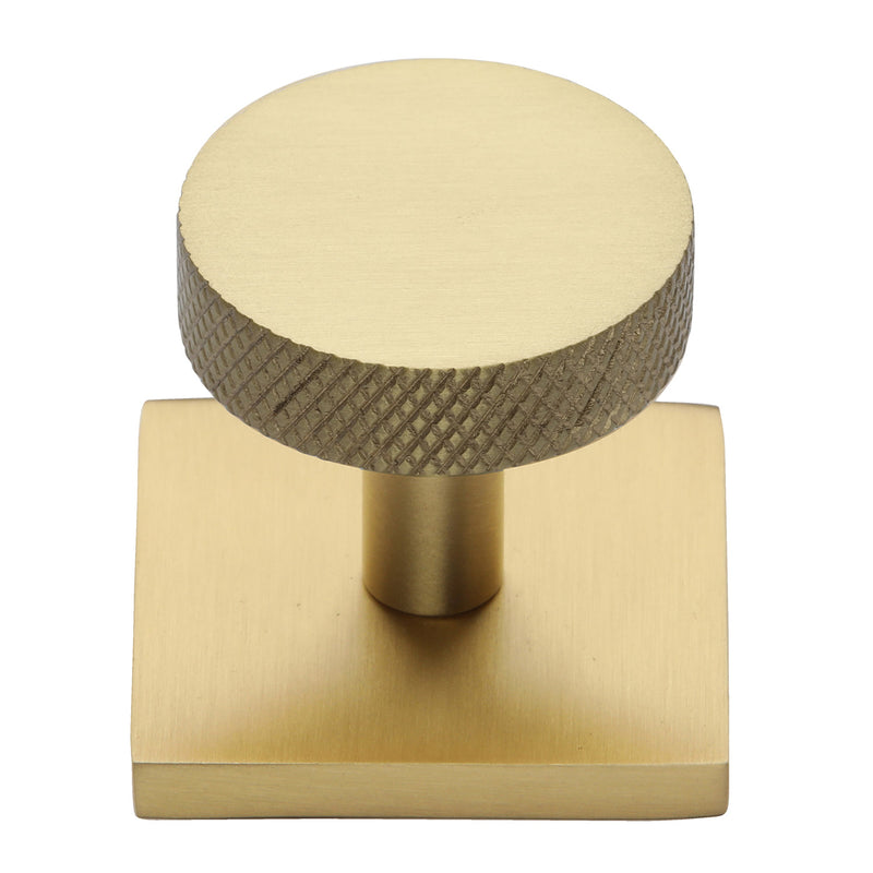 Heritage Brass Cabinet Knob Disc Knurled Design with Square Backplate 32mm Satin Brass finish - SQ3884-SB - Choice Handles