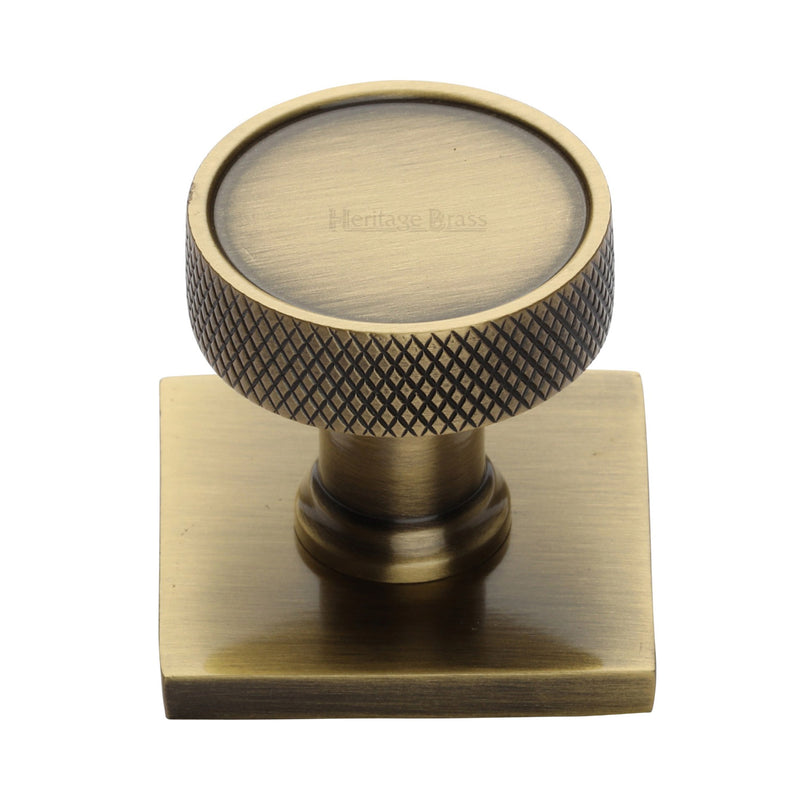 Heritage Brass Cabinet Knob Florence Knurled Design with Square Backplate 32mm Antique Brass finish - SQ4648-AT - Choice Handles