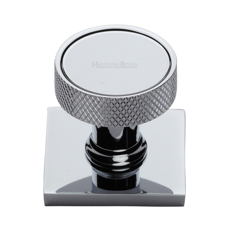 Heritage Brass Cabinet Knob Florence Knurled Design with Square Backplate 32mm Polished Chrome finish - SQ4648-PC - Choice Handles