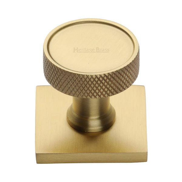 Heritage Brass Cabinet Knob Florence Knurled Design with Square Backplate 32mm Satin Brass finish - SQ4648-SB - Choice Handles