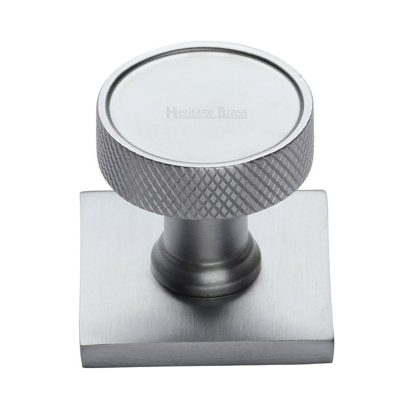 Heritage Brass Cabinet Knob Florence Knurled Design with Square Backplate 32mm Satin Chrome finish - SQ4648-SC - Choice Handles