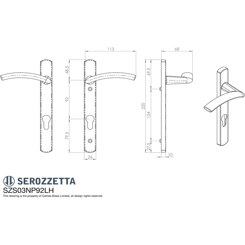 Serozzetta - Verde Lever on Narrow Plate (L/H) 92mm c/c - Satin Chrome SZS03NP92SCLH - Choice Handles