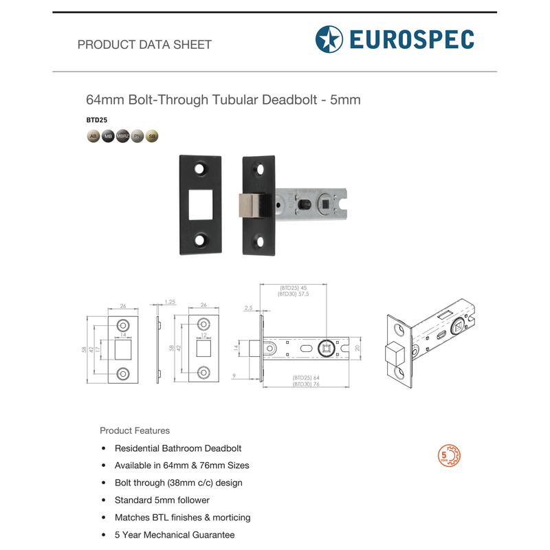 Eurospec - Bolt-Through Tubular Deadbolt - Matt Black - 64mm - Matt Black - BTD25MB