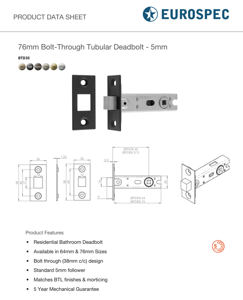 Eurospec - Bolt-Through Tubular Deadbolt - Antique Brass - 76mm - Antique Brass - BTD30AB