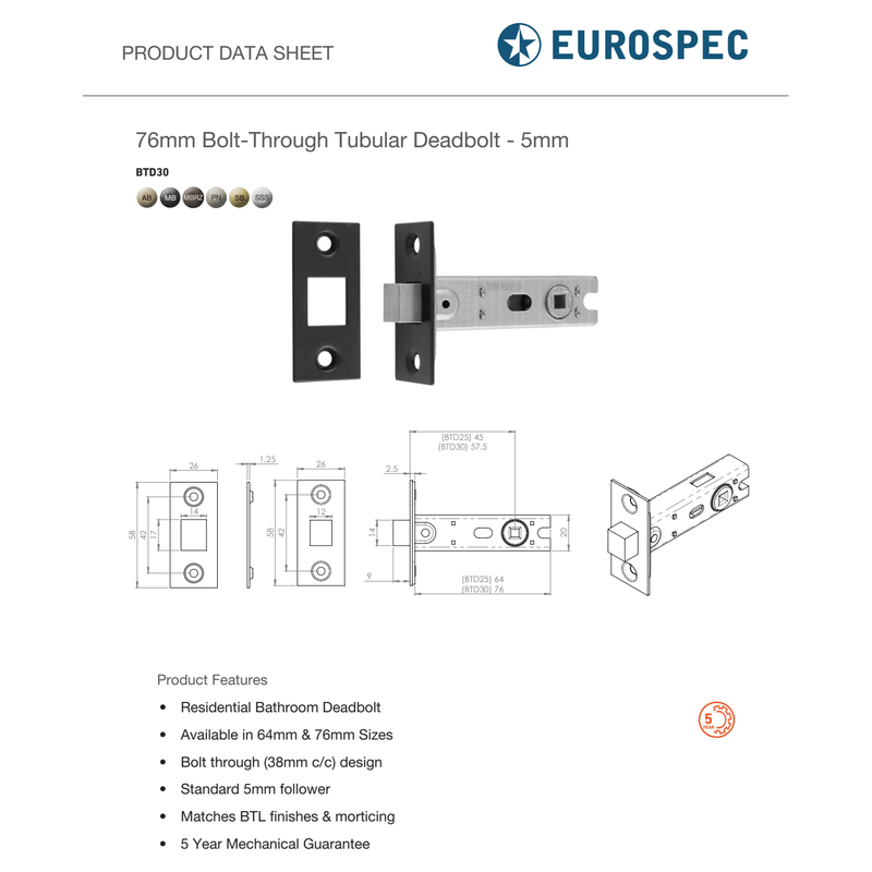 Eurospec - Bolt-Through Tubular Deadbolt - Satin Stainless Steel - 76mm - Satin Stainless Steel - BTD30SSS