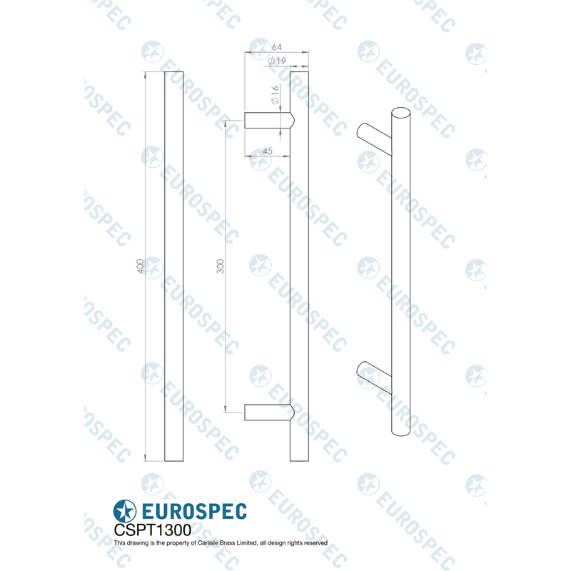 Eurospec - 19mm Dia. Straight T Bar Pull Handle G201 (300mm C/C) - Satin Stainless Steel - CSPT1300SSS/201