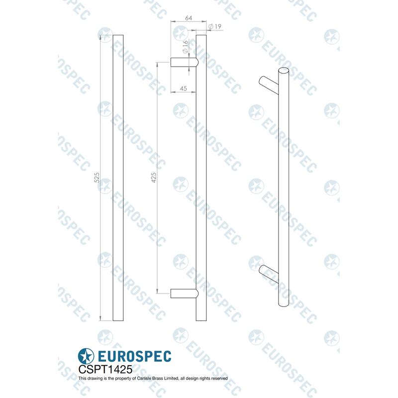 Eurospec - 19mm Dia. Straight T Bar Pull Handle G201 (425mm C/C) - Satin Stainless Steel - CSPT1425SSS/201