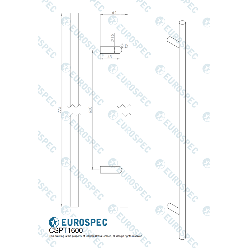 Eurospec - 19mm Dia. Straight T Bar Pull Handle G201 (600mm C/C) - Satin Stainless Steel - CSPT1600SSS/201