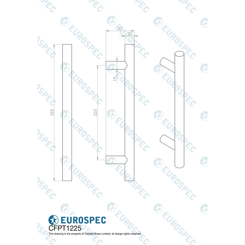 Eurospec - 22mm Dia. Straight T Bar Pull Handle G304 (225mm C/C) - Satin Stainless Steel - CFPT1225SSS