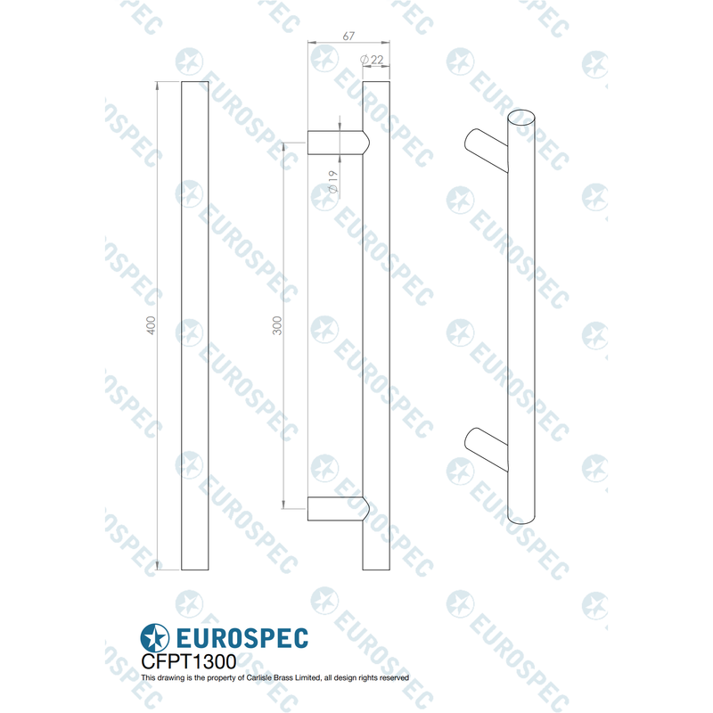 Eurospec - 22mm Dia. Straight T Bar Pull Handle G304 (300mm C/C) - Matt Black - CFPT1300MB