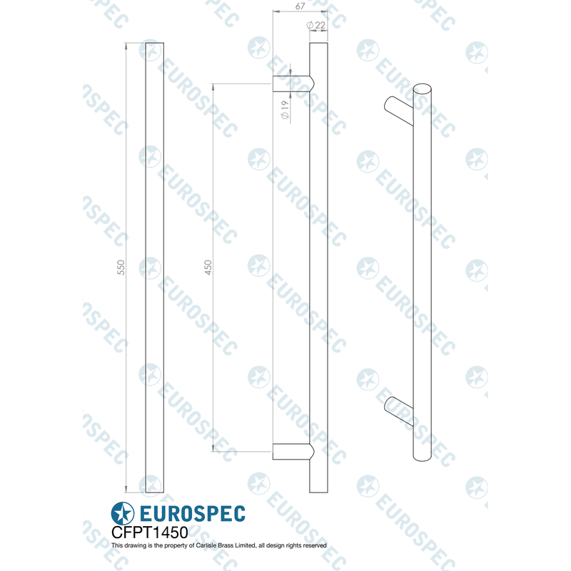 Eurospec - 22mm Dia. Straight T Bar Pull Handle G304 (450mm C/C) - Matt Black - CFPT1450MB