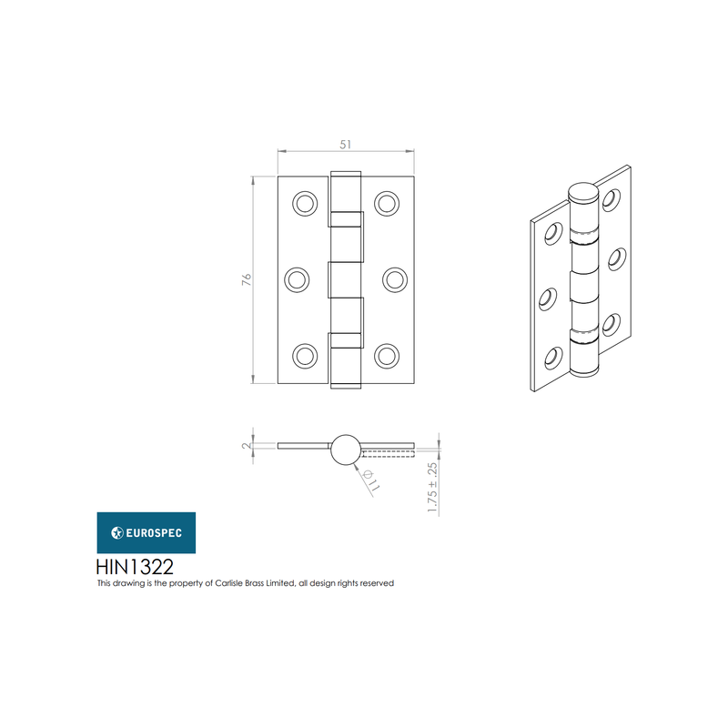 Eurospec - Ball Bearing Hinge Non Grade-Matt Black - HIN1322MB