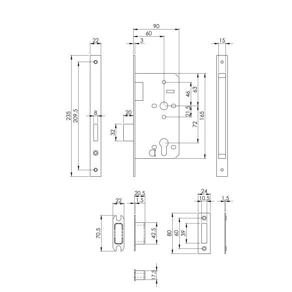 Eurospec - DIN Euro Deadlock-Satin Stainless Steel-Square-60mm - Stainless Steel - DLX0060EPSSS - Choice Handles