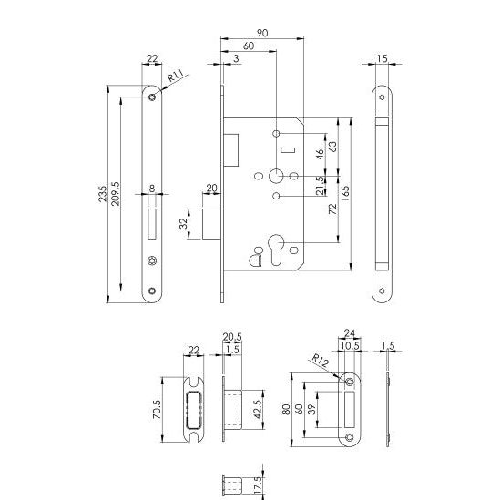 Eurospec - DIN Euro Deadlock-Satin Stainless Steel-Radius-60mm - Stainless Steel - DLX0060EPSSS/R - Choice Handles