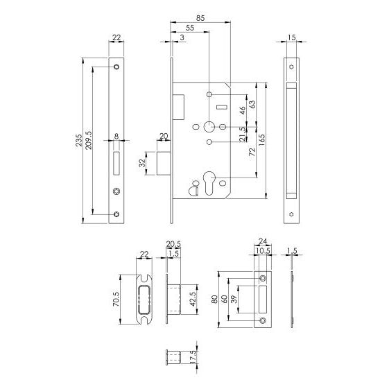 Eurospec - DIN Euro Deadlock-Satin Stainless Steel-Square-55mm - Stainless Steel - DLX0055EPSSS - Choice Handles
