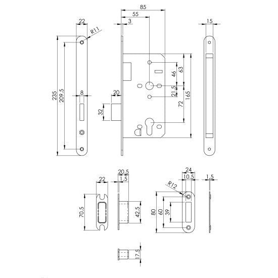 Eurospec - DIN Euro Deadlock-Satin Stainless Steel-Radius-55mm - Stainless Steel - DLX0055EPSSS/R - Choice Handles