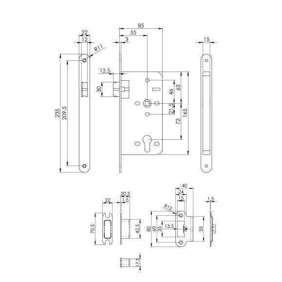 Eurospec - Din Latch-Satin Stainless Steel-Radius-55mm - Stainless Steel - DLX0055LSSS/R - Choice Handles