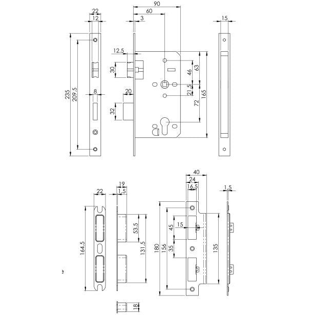 Eurospec - DIN Euro Sashlock-Matt Black-60mm-Square - Matt Black - DLX7260EPMB