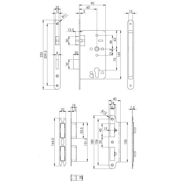 Eurospec - DIN Euro Sashlock-Matt Black-60mm-Radius - Matt Black - DLX7260EPMB/R
