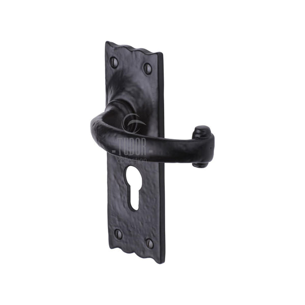 The Tudor Door Handle for Euro Profile Plate Colonial Design Black Iron - TC348 - Choice Handles