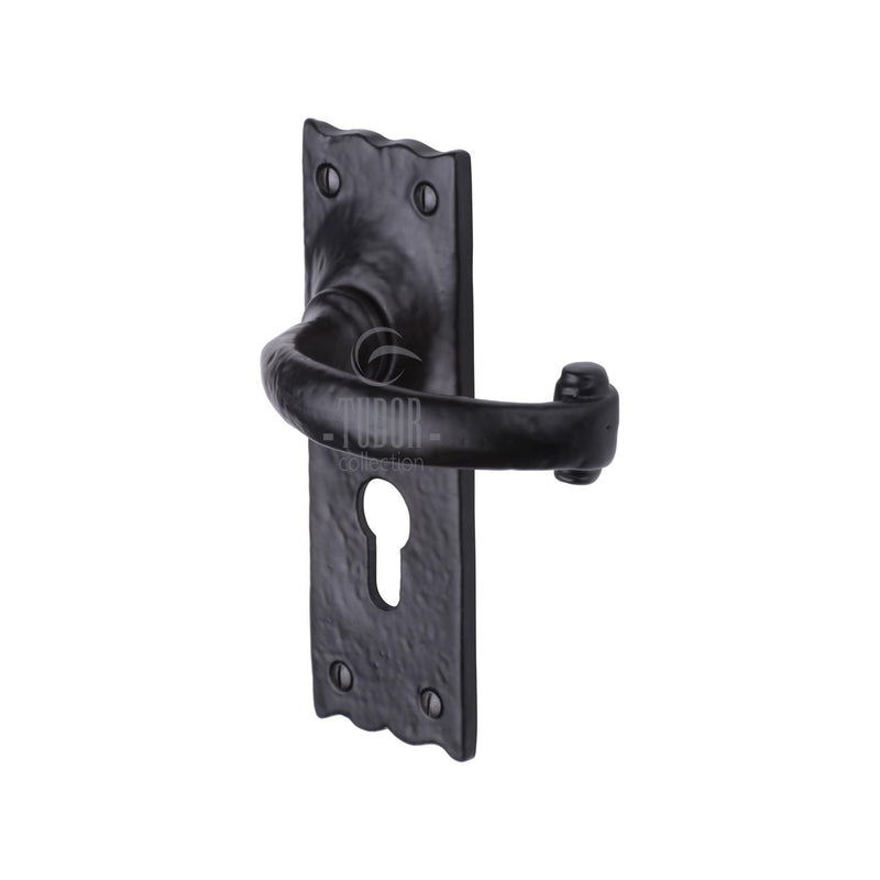 The Tudor Door Handle for Euro Profile Plate Colonial Design Black Iron - TC348 - Choice Handles