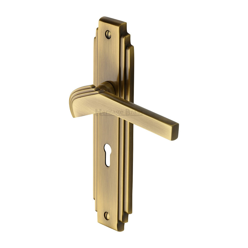 Heritage Brass Door Handle Lever Lock Tiffany Design Antique Finish - TIF5200-AT - Choice Handles
