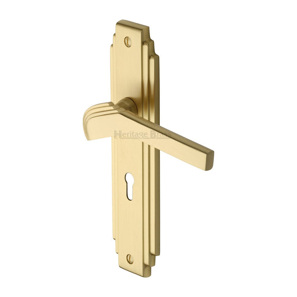 Heritage Brass Door Handle Lever Lock Tiffany Design Satin Brass Finish - TIF5200-SB - Choice Handles