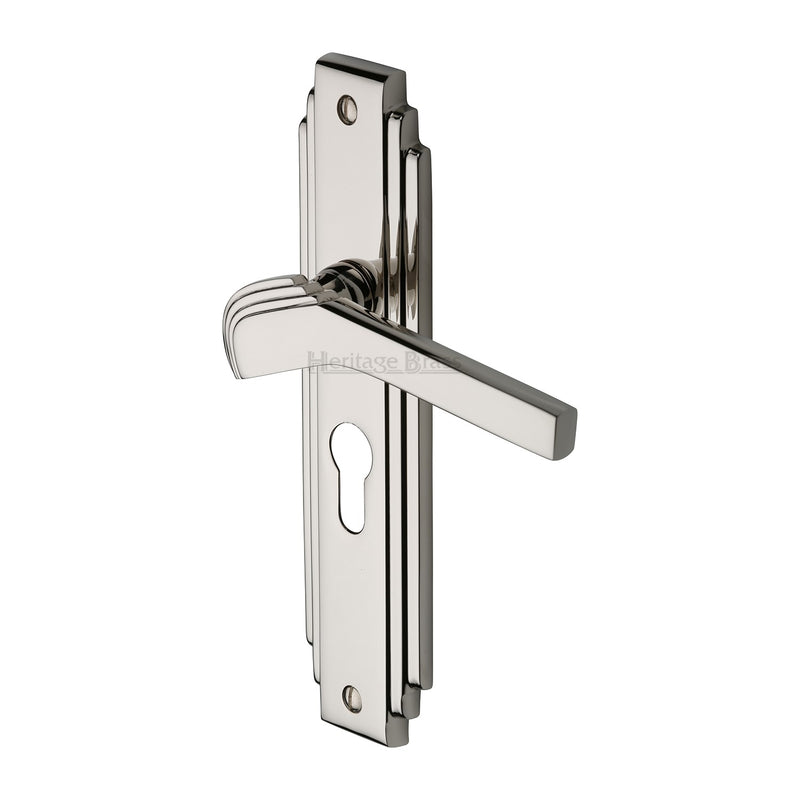 Heritage Brass Door Handle Euro Profile Plate Tiffany Design Polished Nickel Finish - TIF5248-PNF - Choice Handles