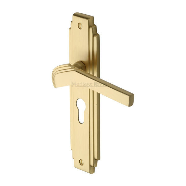 Heritage Brass Door Handle Euro Profile Plate Tiffany Design Satin Brass Finish - TIF5248-SB - Choice Handles