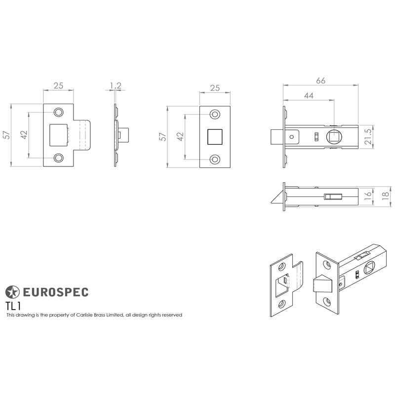 Carlisle Brass - 64mm Tubular Latch - 8mm Follower - Electro Brass - Electro Brassed - TL1 - Choice Handles